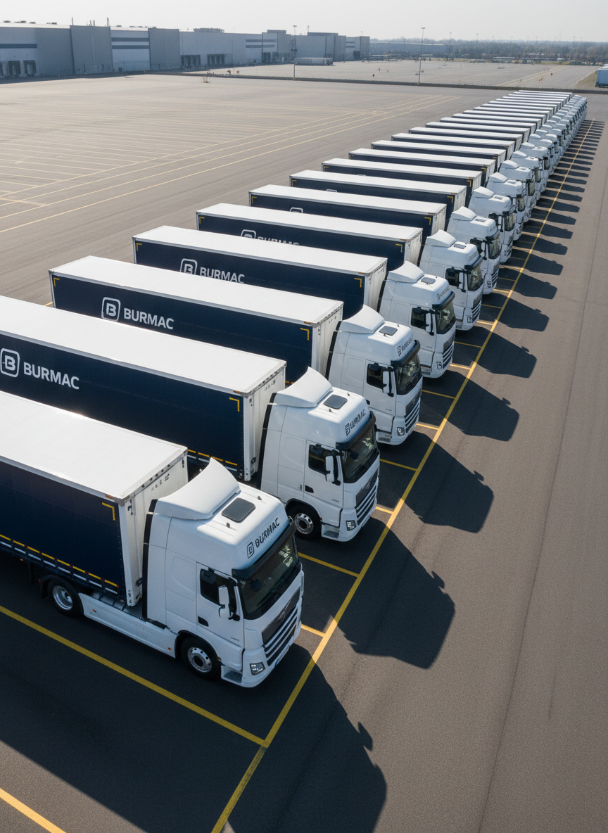 A modern fleet lineup of various Burmac-branded tractors and trailers arranged in a precise diagonal row on a large, well-marked asphalt lot, stretching toward the horizon. Each truck features aerodynamic fairings, clean white and deep navy paint, and reflective safety striping along the trailers. The scene is captured under bright but slightly diffused midday light, minimizing harsh shadows while creating crisp reflections on windows and chrome accents. Yellow lane markings and distant warehouse silhouettes add structure to the environment. Shot from an elevated, wide-angle perspective using photographic realism, the composition emphasizes scale, fleet capacity, and coordination while maintaining a clean, organized, and highly professional atmosphere.