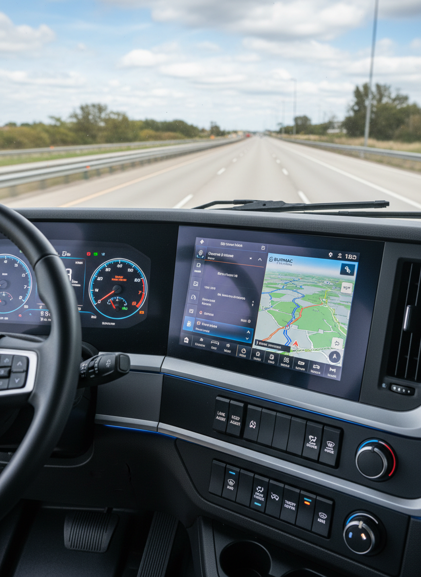 A close-up, highly detailed view of a Burmac Trucking cab interior dashboard, showcasing advanced digital instrumentation, an integrated GPS navigation display, and neatly arranged safety controls. The black and dark-gray textured materials contrast with subtle metallic accents and softly illuminated buttons. Through the windshield, a blurred hint of highway and sky suggests motion without distraction. Soft, balanced interior lighting gently highlights the screen readouts and ergonomic layout, creating a calm, focused cockpit-like feel. Shot from the passenger side at eye level with a shallow depth of field, the composition spotlights technology, safety features, and operational efficiency in a clean, photographic, modern style.