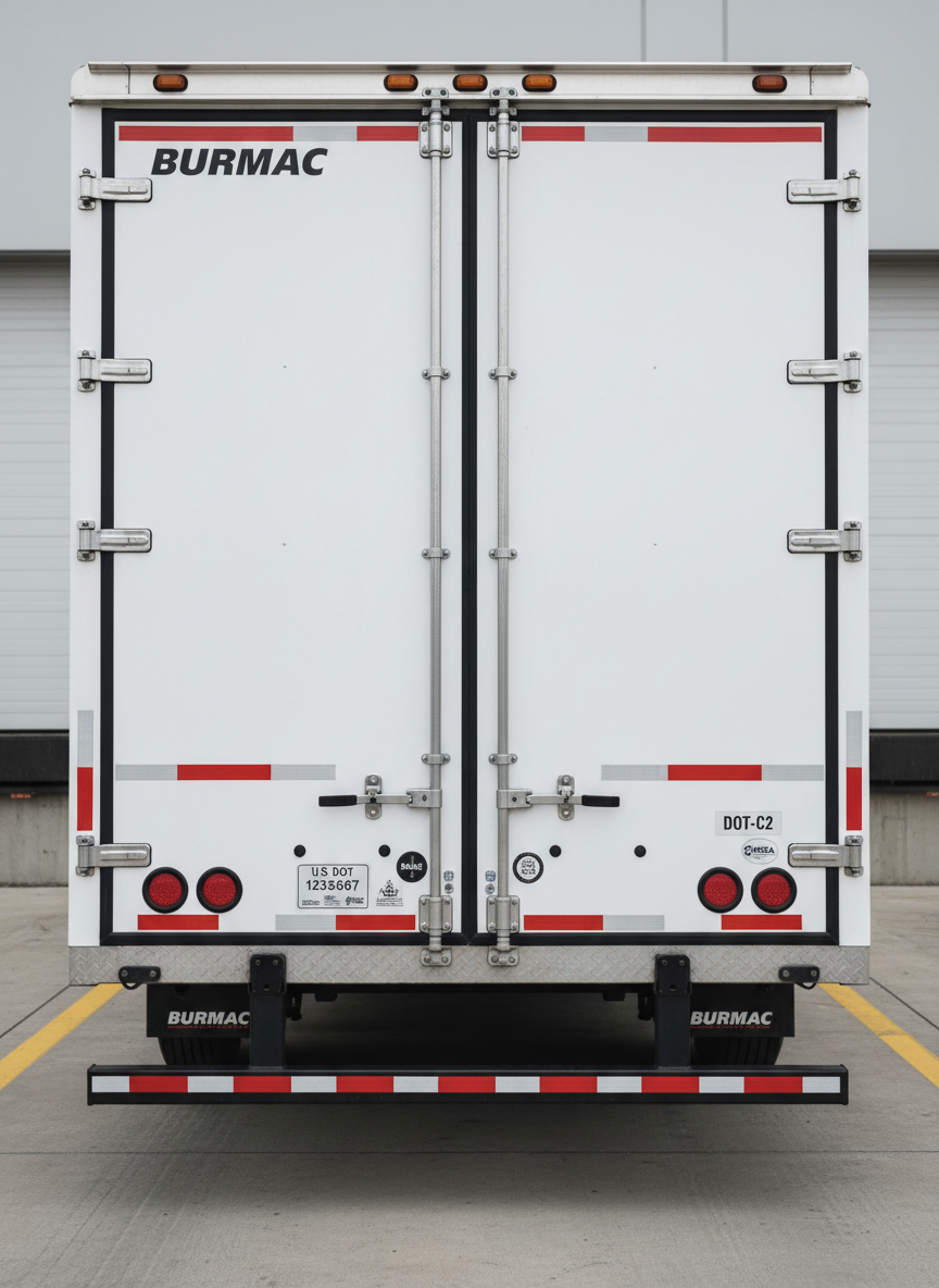 A detailed view of a Burmac trailer’s rear safety features, including high-visibility reflective tape, LED brake and turn lights, and clearly marked DOT compliance stickers on a clean white door surface. The metal door latches and hinges show subtle brushed textures, free from rust or grime. The trailer is parked at a loading bay with neatly painted dock lines and a closed overhead door in soft focus behind it. Overcast daylight provides even, diffused illumination with minimal shadows, emphasizing clarity and precision. Captured straight-on with photographic realism and moderate depth of field, the composition and mood highlight rigorous safety standards, attention to detail, and professional compliance.