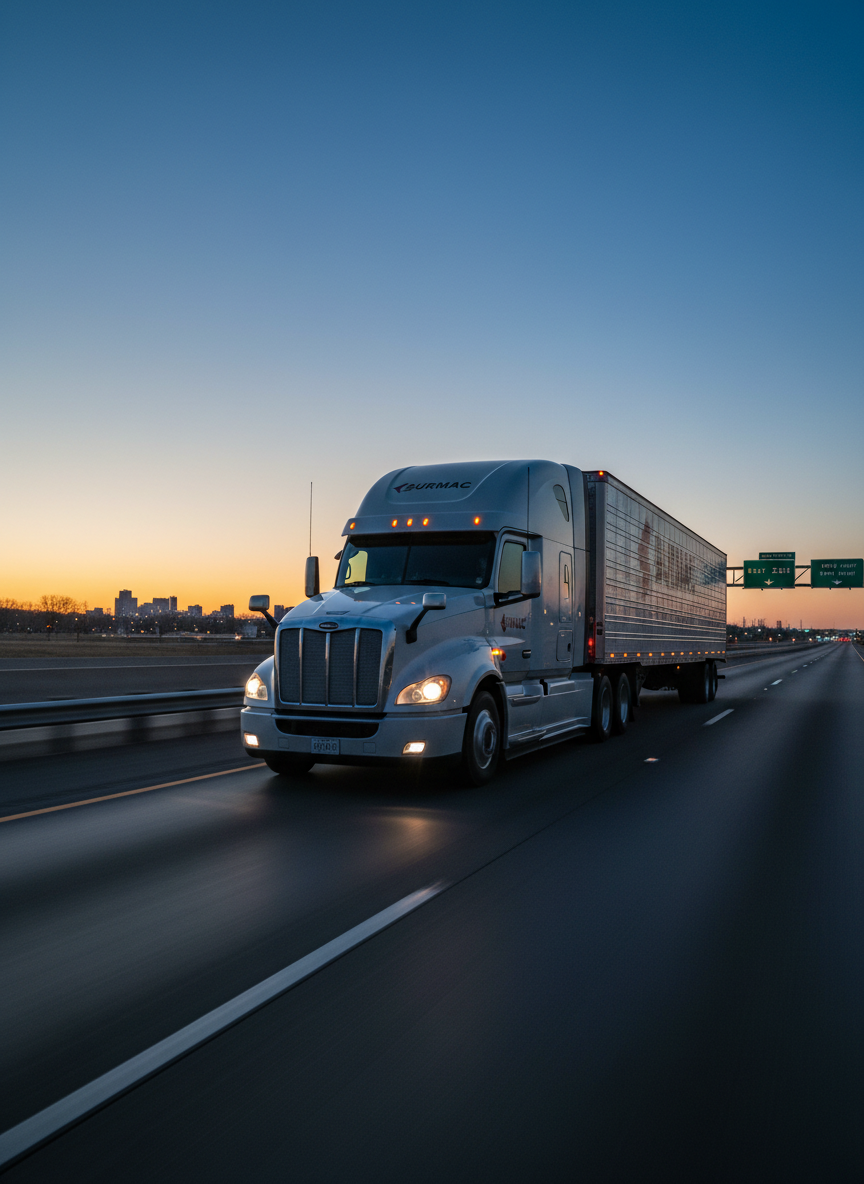 A Burmac-branded semi truck traveling along a multi-lane interstate at dawn, its LED headlights and marker lights sharply defined against the cool blue early-morning sky. The truck is captured mid-lane change with perfect lane alignment, emphasizing precision and safety. Motion blur streaks softly along the asphalt and guardrails while the cab and trailer remain in crisp focus. Faint city lights shimmer on the distant horizon and reflective road signs glow subtly. The golden edge of sunrise casts a gentle rim light on the truck’s contours. Photographic realism, shot from a low, side-front tracking angle, conveys speed, reliability, and quiet confidence on long-haul routes.