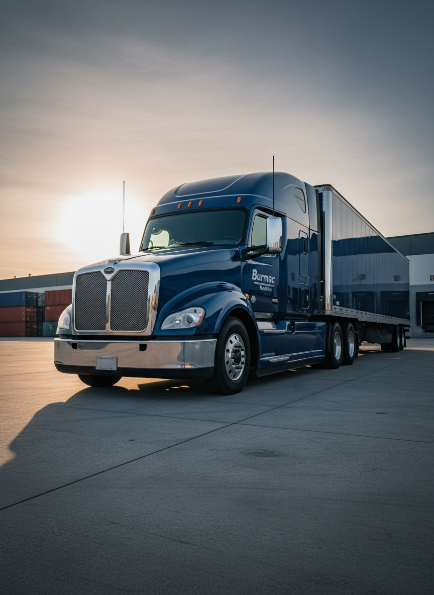 A gleaming dark-blue long-haul semi truck with a polished chrome grille and aerodynamic trailer, branded subtly with “Burmac Trucking” on the side, parked on a wide concrete distribution yard. The rig’s exterior is spotless, reflecting the soft late-afternoon sky and distant rows of stacked shipping containers. Cool, angled sunlight creates crisp highlights on the cab’s curves and casts a long, defined shadow across the pavement. Shot from a slightly low, three-quarter front angle with sharp focus throughout, the background falls gently out of focus to emphasize the truck’s presence. The mood is professional, confident, and reliable, with clean photographic realism that communicates strength, capacity, and modern freight expertise.