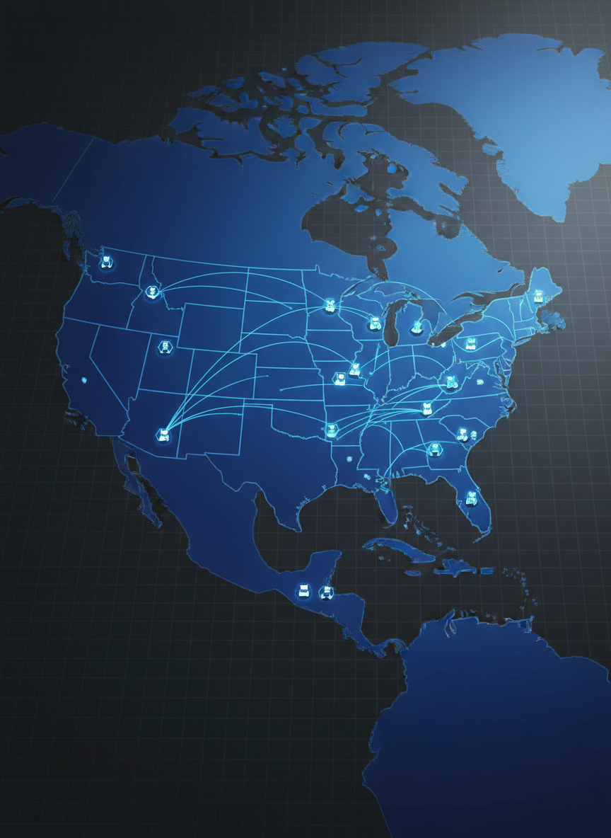 An illustrated route map-style image rendered in photographic realism, showing a simplified but realistic map of the United States with the Eastern Seaboard, Midwest, and Southern States highlighted in a deep Burmac-blue gradient. Thin, glowing lines trace major freight corridors, converging at small, stylized truck icons and subtle hub symbols. The map appears printed on a smooth, dark matte surface with a faint grid texture, illuminated by soft overhead lighting that creates gentle reflections without glare. Shot from a slightly elevated, straight-on angle, the composition feels modern, data-driven, and strategic, emphasizing coverage area, network reliability, and logistical planning.